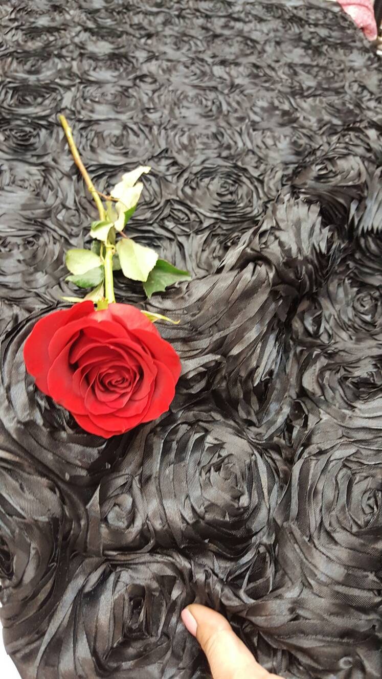 Black Satin Rosette Fabric by the Yard runners table cloths dress gown fabric to make mono mono roses satin floral flowers satin black