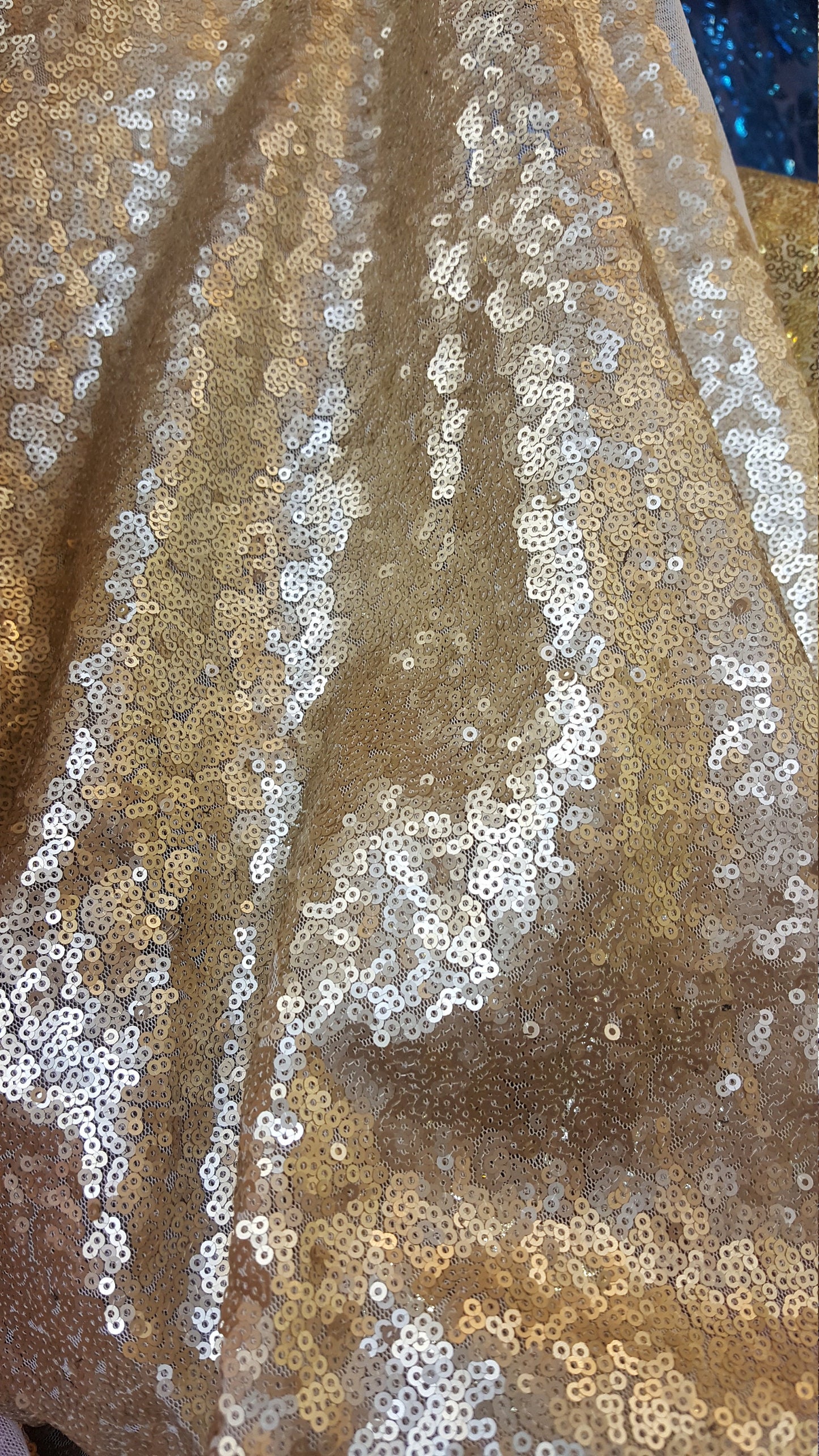 Gold Sequin Matte Glitz Sequin on White Mesh 2 Way Stretch Fabric Sold by the Yard Gorgeous Draping Fabric decoration clothing draping dress