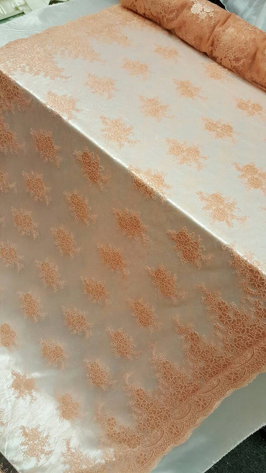 Salmón Lace Fabric Sold by the Yard Floral Flowers Double Scalloped Embroidered on Chantelly Soft Lace Prom Bridal Evening Dress Draping