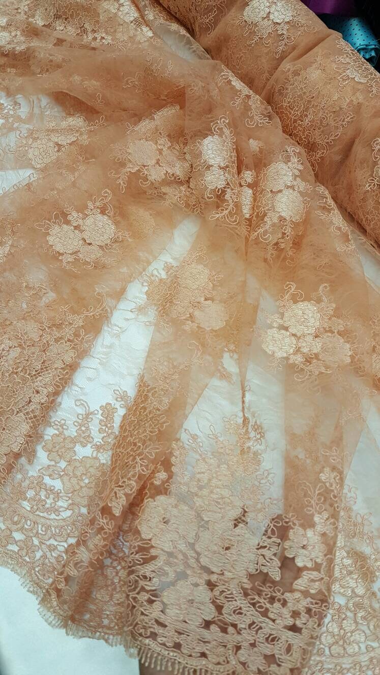 Salmón Lace Fabric Sold by the Yard Floral Flowers Double Scalloped Embroidered on Chantelly Soft Lace Prom Bridal Evening Dress Draping