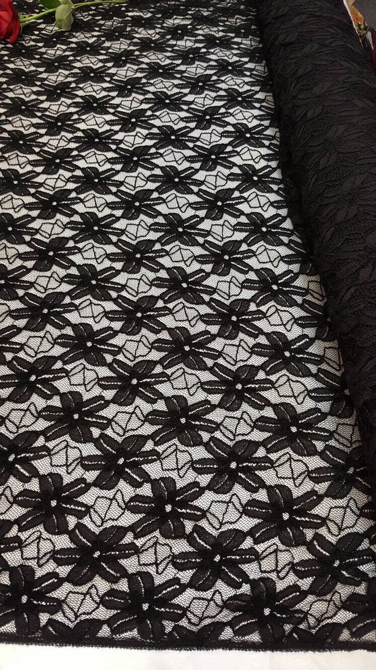 Black Stretch Lace Nylon Floral Flowers Embroidered on 4 Way Stretch Mesh Prom Fabric Sold by the Yard Gown Quinceañera Bridal