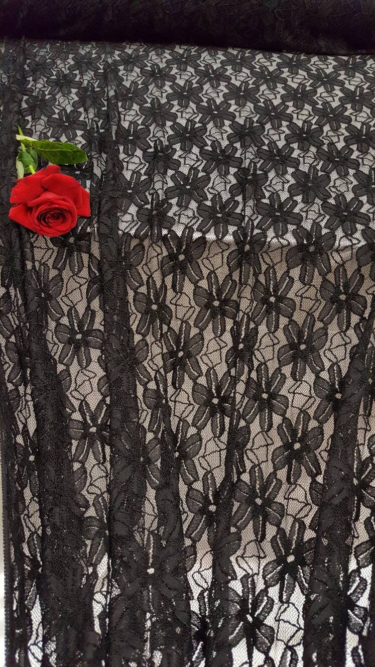 Black Stretch Lace Nylon Floral Flowers Embroidered on 4 Way Stretch Mesh Prom Fabric Sold by the Yard Gown Quinceañera Bridal