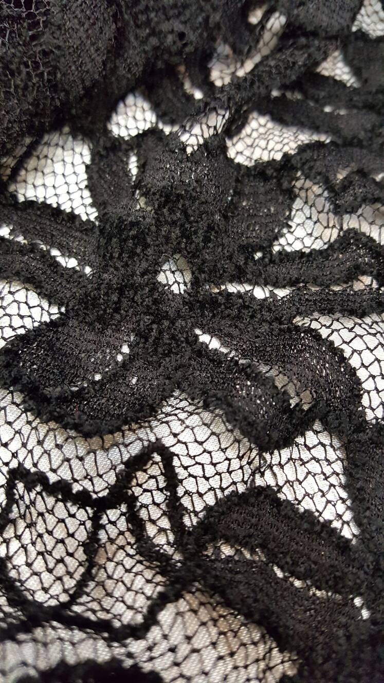 Black Stretch Lace Nylon Floral Flowers Embroidered on 4 Way Stretch Mesh Prom Fabric Sold by the Yard Gown Quinceañera Bridal