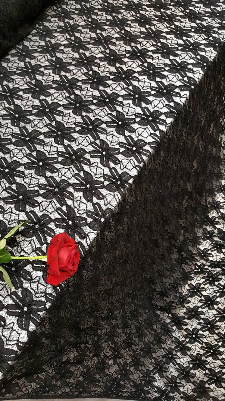 Black Stretch Lace Nylon Floral Flowers Embroidered on 4 Way Stretch Mesh Prom Fabric Sold by the Yard Gown Quinceañera Bridal