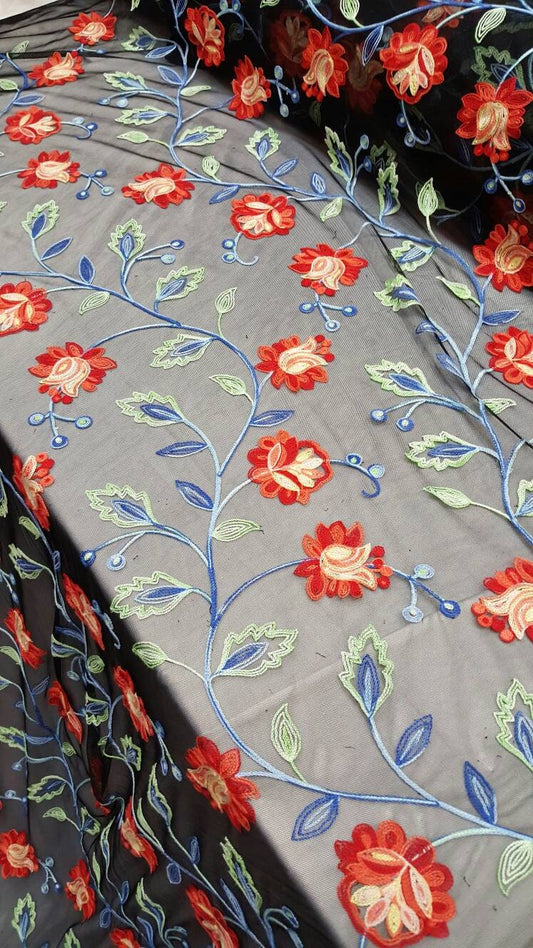 Multicolor Floral Flowers Embroidered Lace Prom Fabric by the Yard Gown Quinceañera Decoration Coral Blue Green Black Mesh