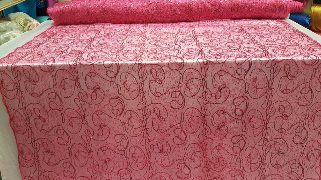 Hot Pink Spider Web Embroidered Lace Sequin Geometric Prom Fabric Sold by the Yard Quinceañera Bridal Party Decoration Draping