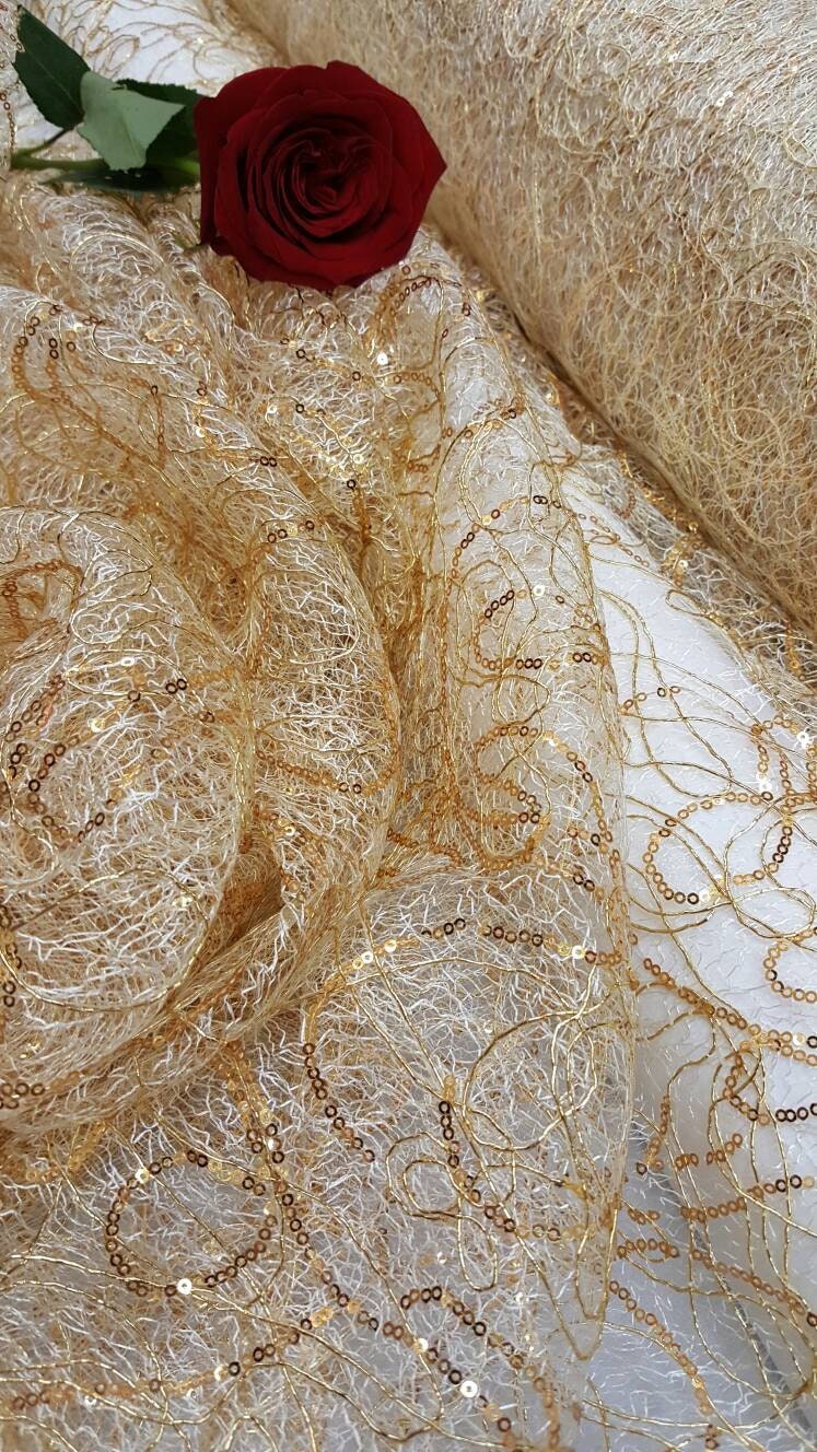 Gold Spider Web Embroidered Lace Sequin Geometric Prom Fabric Sold by the Yard Gown Quinceañera Bridal Gorgeous Decoration