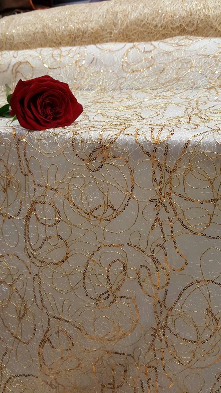 Gold Spider Web Embroidered Lace Sequin Geometric Prom Fabric Sold by the Yard Gown Quinceañera Bridal Gorgeous Decoration