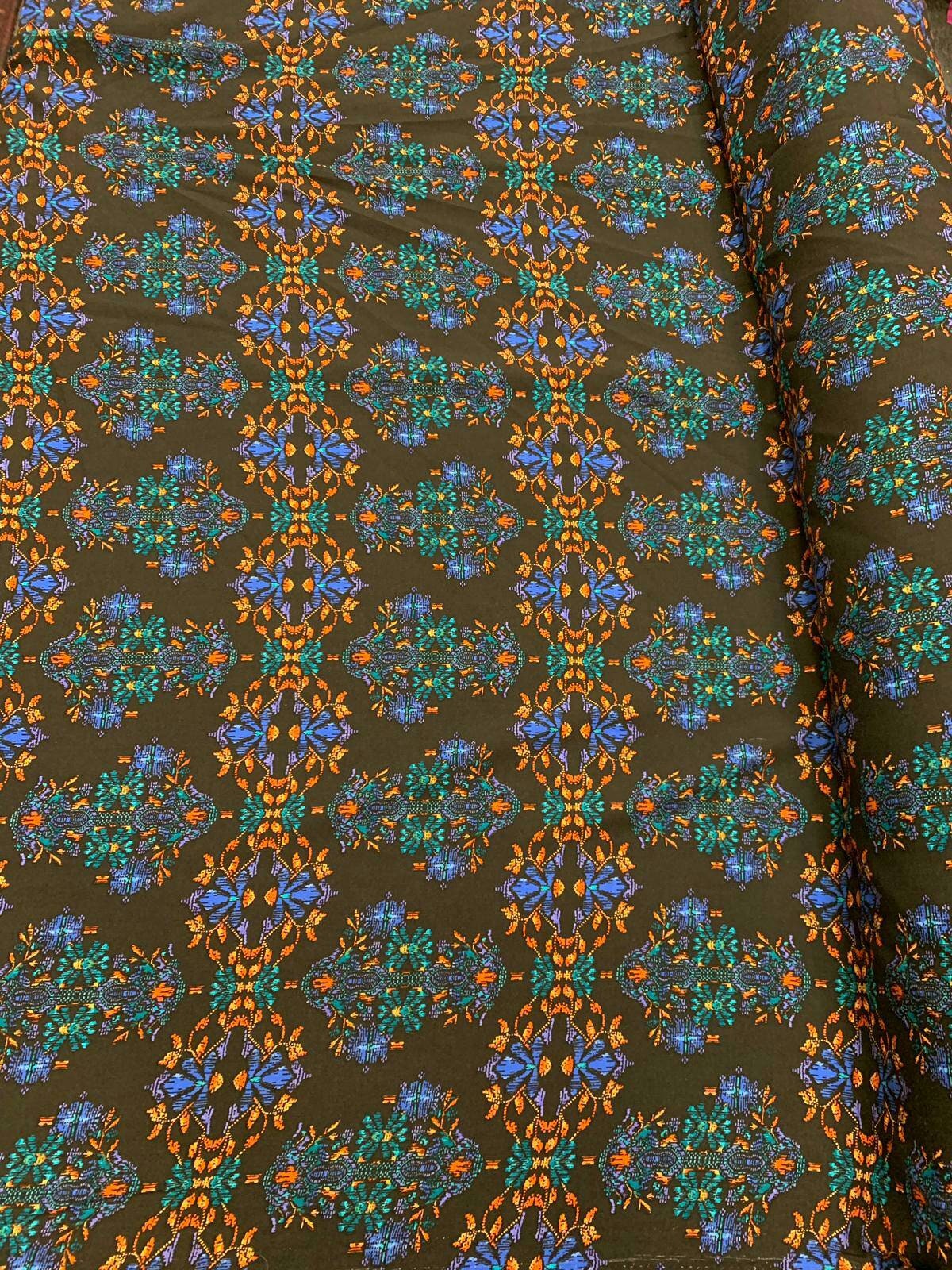 Rayon challis large paisley Boho pattern orange blue and green on black background Fabric by the yard soft flowy organic kids dress draping