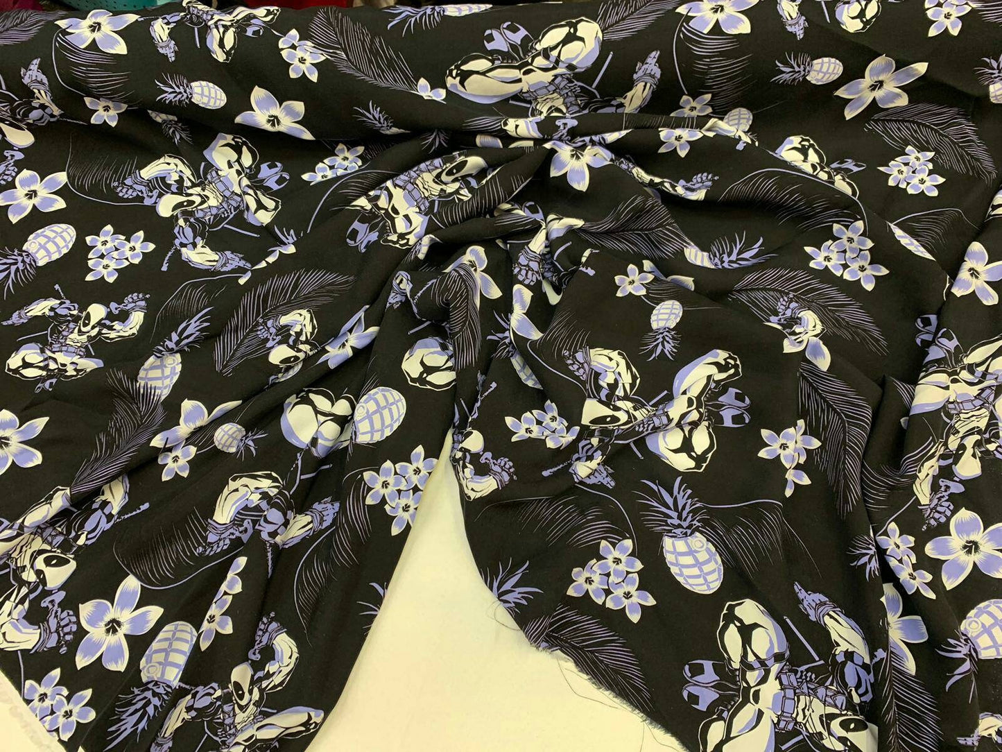 Rayon challis sold by the yard blue and black floral flowers hawaiian soft flowy fabric kids dress draping clothing organic