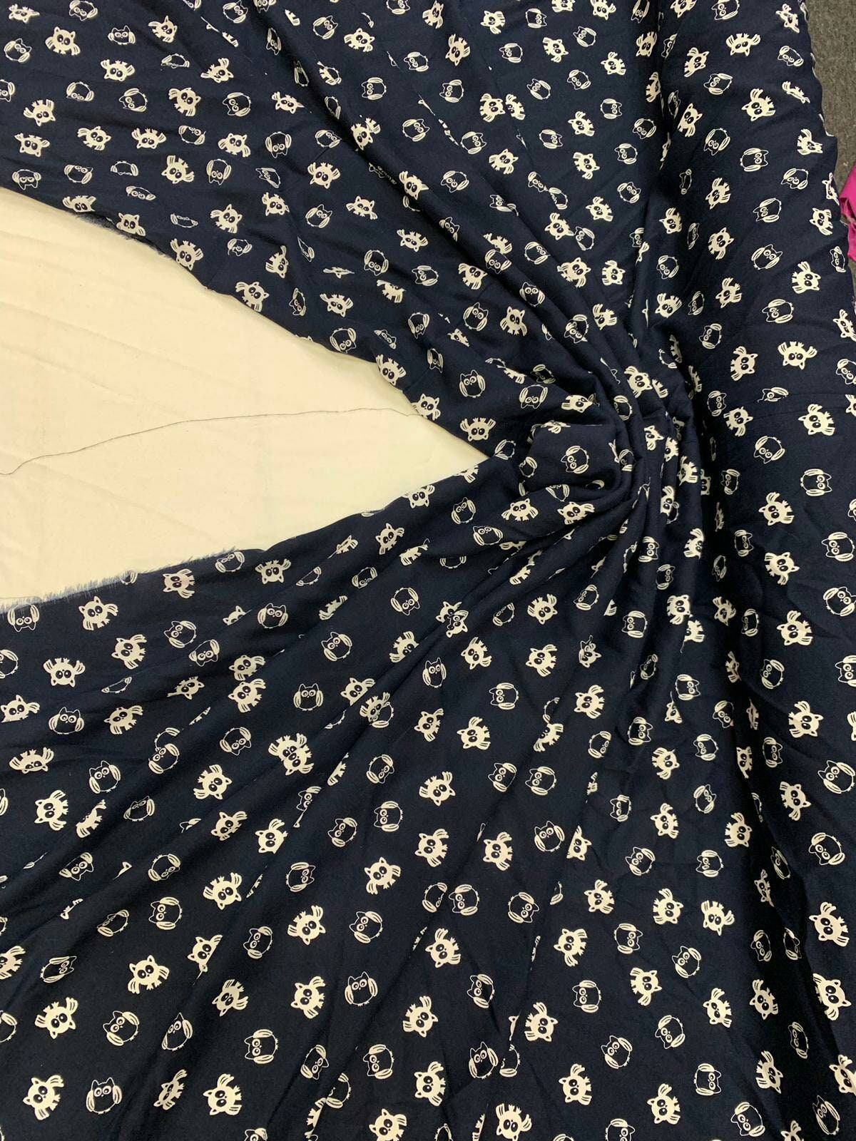 Rayon challis WHAT A HOOT owls on navy blue background 58 inches wide fabric sold by the yard soft organic fabric kids