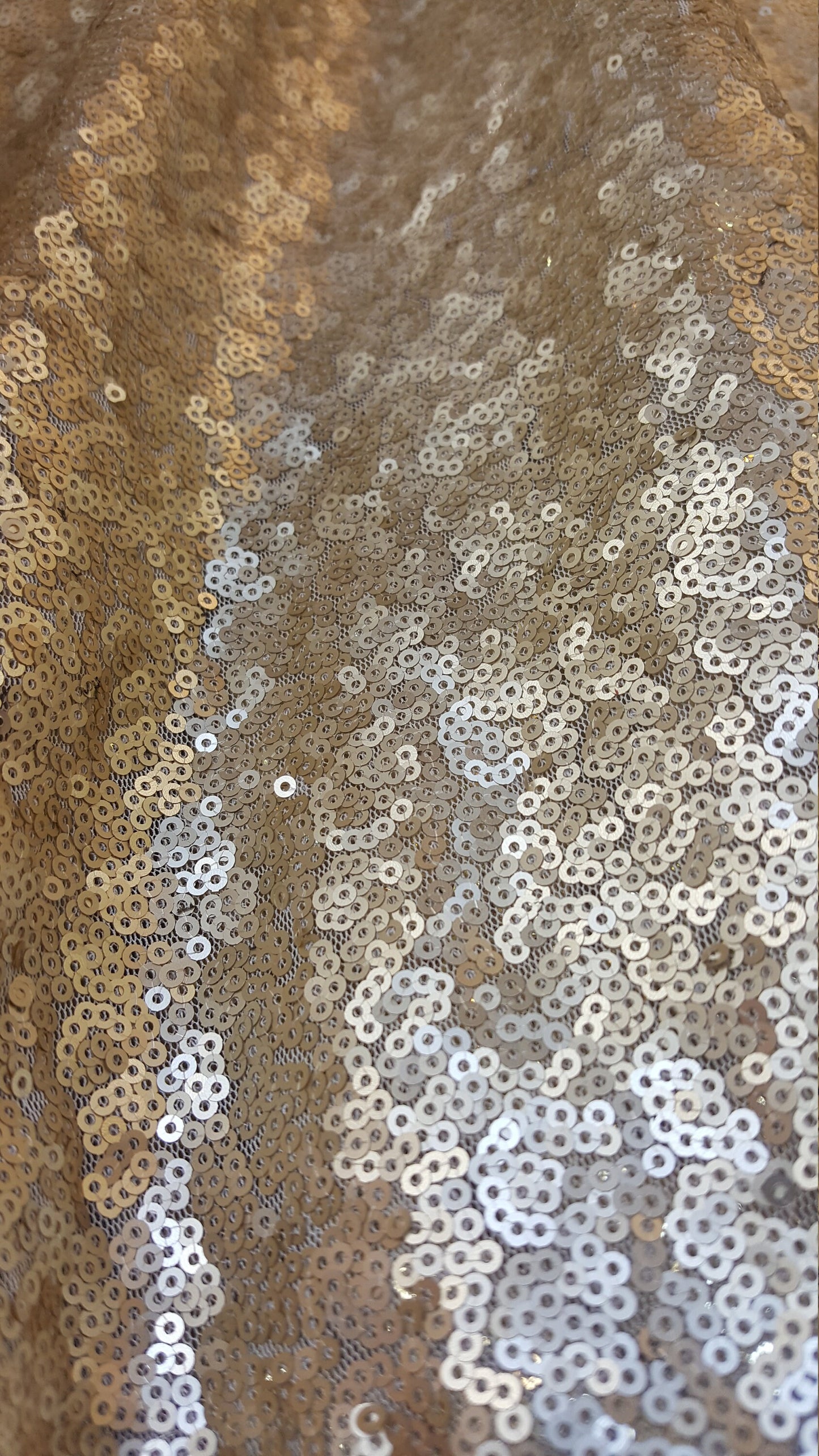 Gold Sequin Matte Glitz Sequin on White Mesh 2 Way Stretch Fabric Sold by the Yard Gorgeous Draping Fabric decoration clothing draping dress