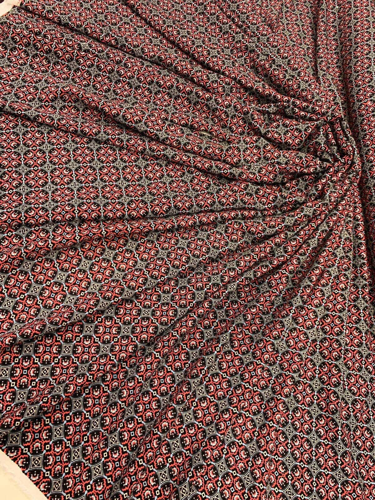 Rayon Challis Asian Inspired Print Fabric by the Yard 58 Inches Wide red black geometric  soft flowy organic kids dress draping clothing