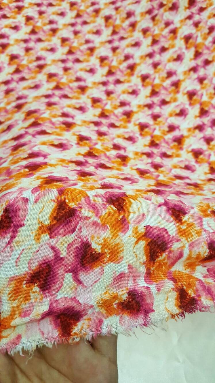 100% Rayon with Orange / Fuchsia Floral Print Fabric sold  by the yard soft rayon organic fabric kids dress draping decoration