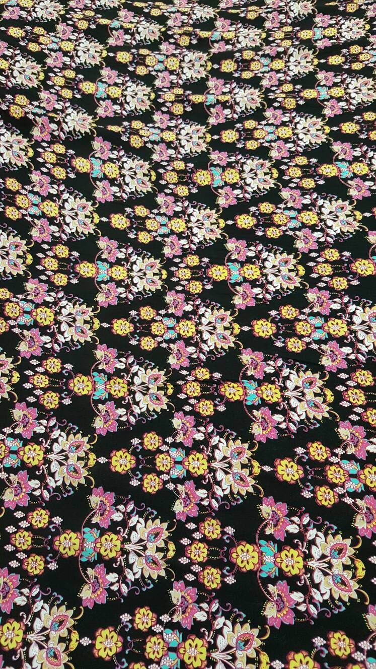 100% Rayon. Chinese Inspired Print with Flower Bouquets. 58-60" Wide. Fabric by the Yard