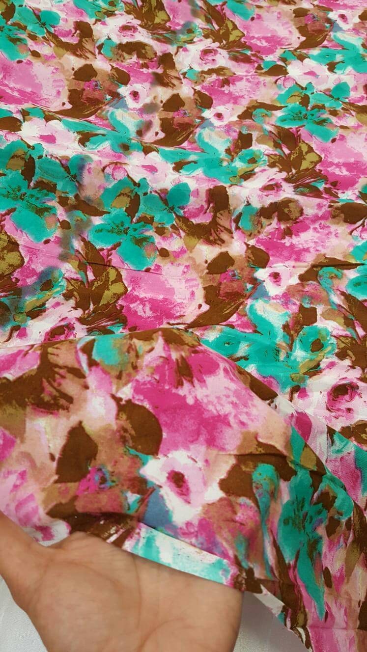 Rayon with Green Fuchsia aqua Brown flowers Floral Print Fabric by the yard soft flowy organic kids dress draping clothing decoration