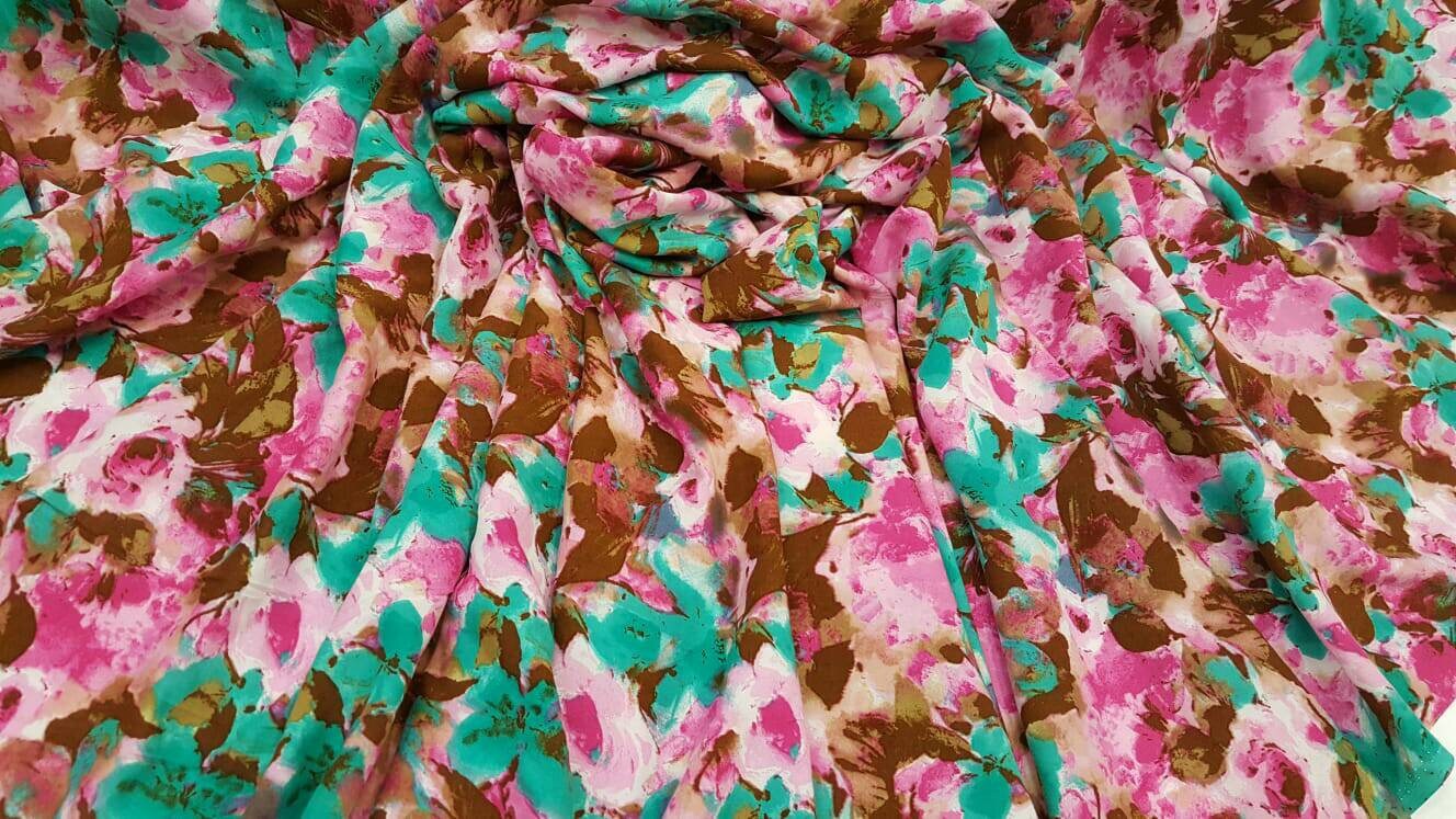 Rayon with Green Fuchsia aqua Brown flowers Floral Print Fabric by the yard soft flowy organic kids dress draping clothing decoration