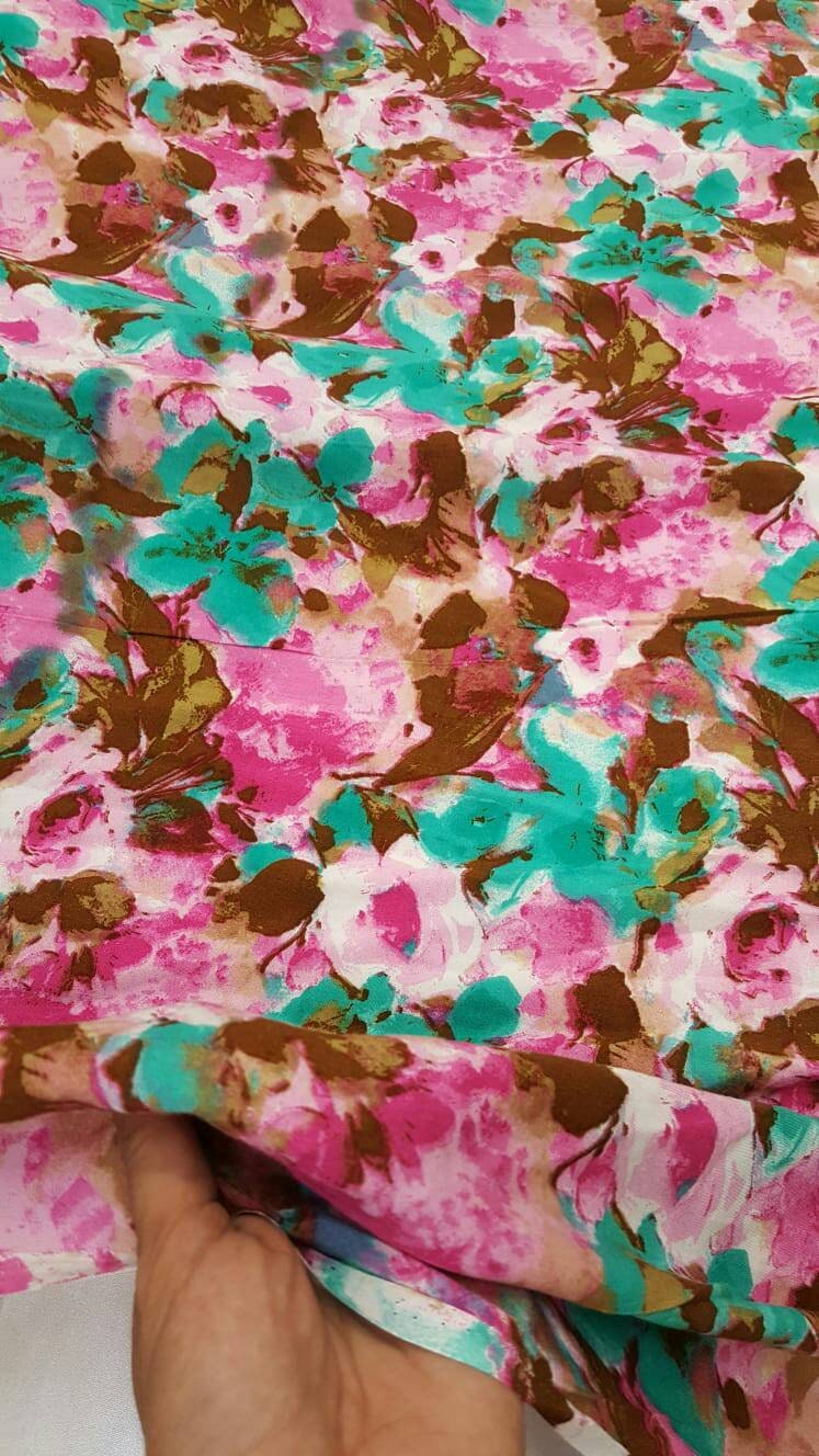 Rayon with Green Fuchsia aqua Brown flowers Floral Print Fabric by the yard soft flowy organic kids dress draping clothing decoration