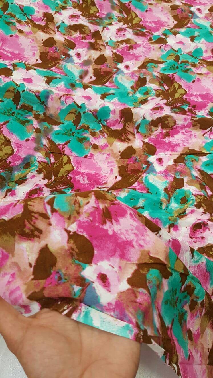 Rayon with Green Fuchsia aqua Brown flowers Floral Print Fabric by the yard soft flowy organic kids dress draping clothing decoration