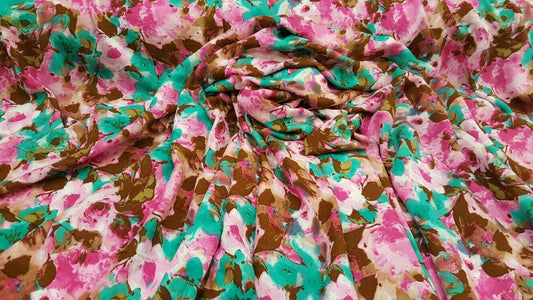 Rayon with Green Fuchsia aqua Brown flowers Floral Print Fabric by the yard soft flowy organic kids dress draping clothing decoration