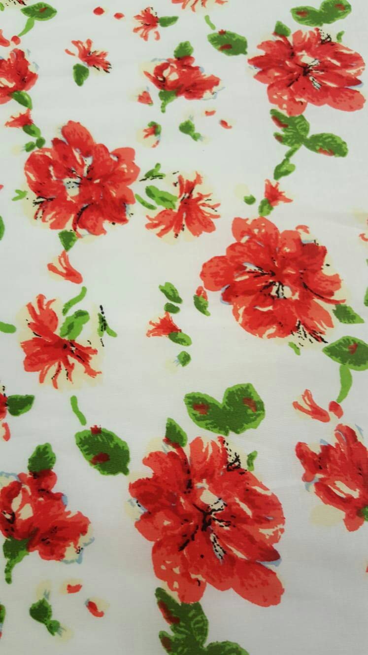 100% rayon challis red and green floral flowers inspired white background  Fabric by the yard soft organic kids dress draping clothing  flow