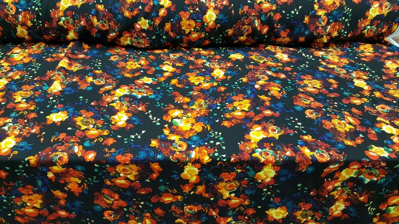 Rayon with Black Background multicolor floral flowers yellow red blue   Print Fabric by the yard soft flowy organic kids dress draping decor