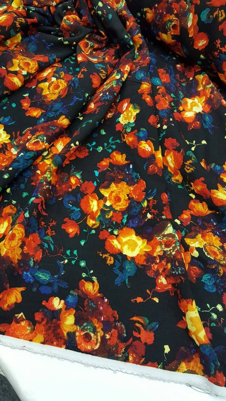 Rayon with Black Background multicolor floral flowers yellow red blue   Print Fabric by the yard soft flowy organic kids dress draping decor