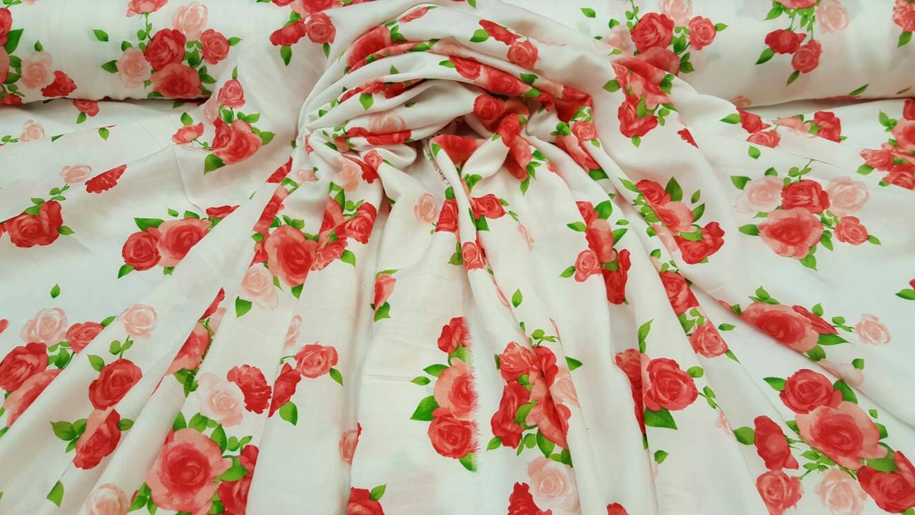 Rayon challis floral flowers roses red pink green Fabric by the yard soft organic kids dress draping clothing decoration flowy ligth weight