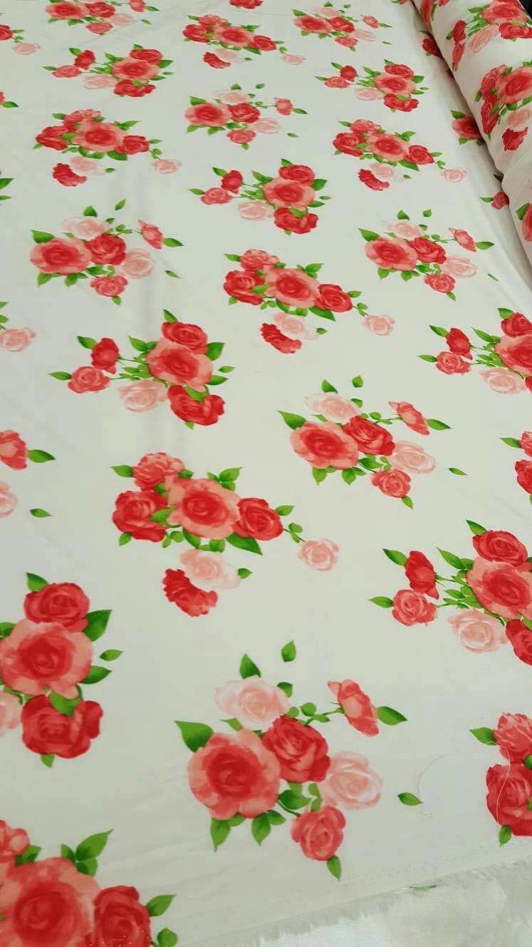 Rayon challis floral flowers roses red pink green Fabric by the yard soft organic kids dress draping clothing decoration flowy ligth weight