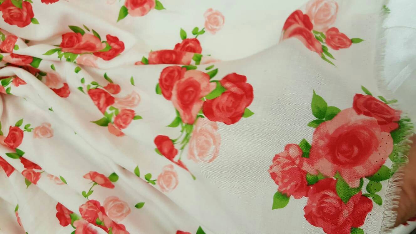 Rayon challis floral flowers roses red pink green Fabric by the yard soft organic kids dress draping clothing decoration flowy ligth weight