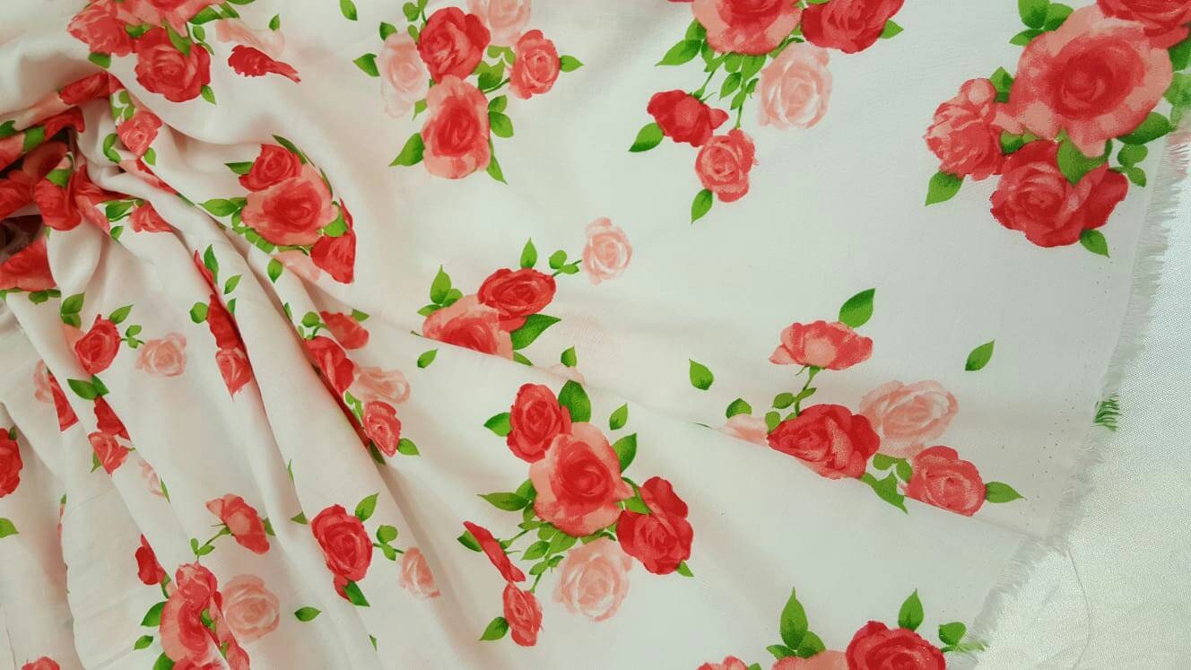 Rayon challis floral flowers roses red pink green Fabric by the yard soft organic kids dress draping clothing decoration flowy ligth weight