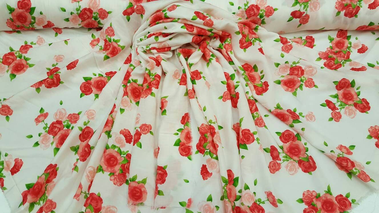 Rayon challis floral flowers roses red pink green Fabric by the yard soft organic kids dress draping clothing decoration flowy ligth weight