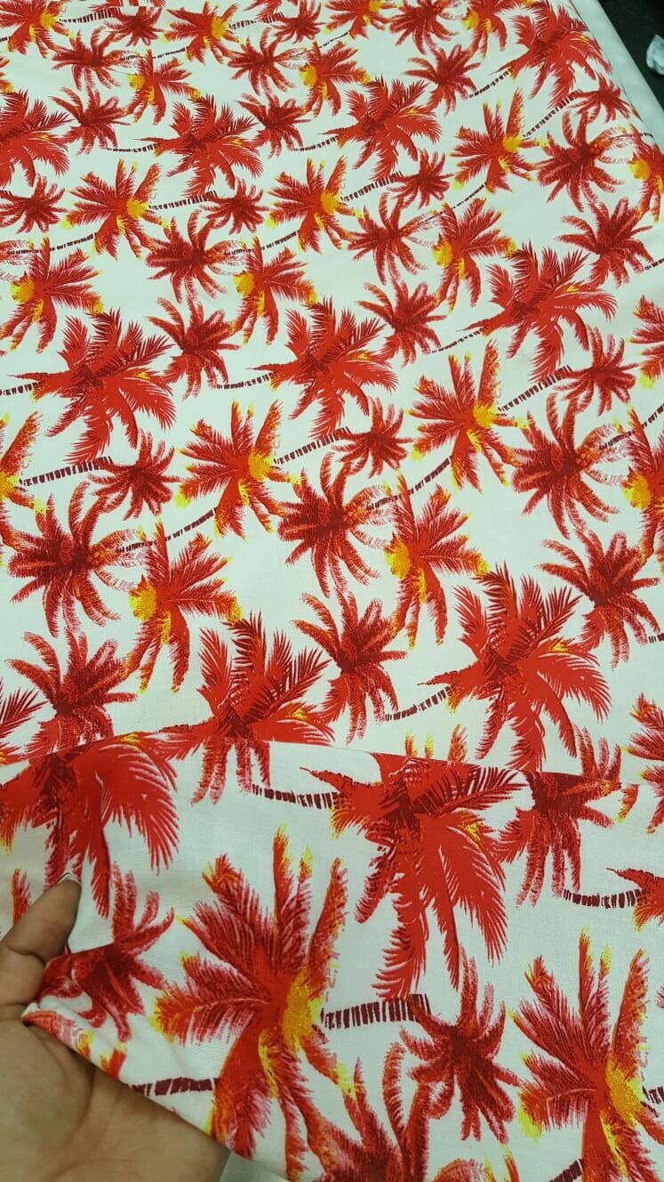 100% Rayon Challis off White Background Red Palm Trees 58 Inches Wide Sold by the Yard Soft Organic Kids Dress Draping Decoration Clothing
