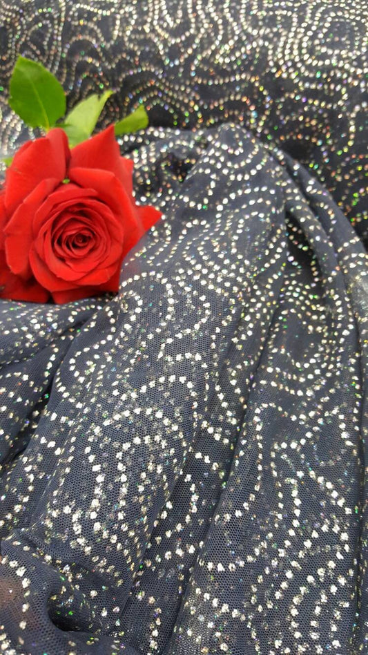 Multicolor Iridescent Rinesthone on Navy Blue Mesh Prom Lace Fabric by the Yard Gown Quinceañera Bridal Evening Dress Decoration Draping