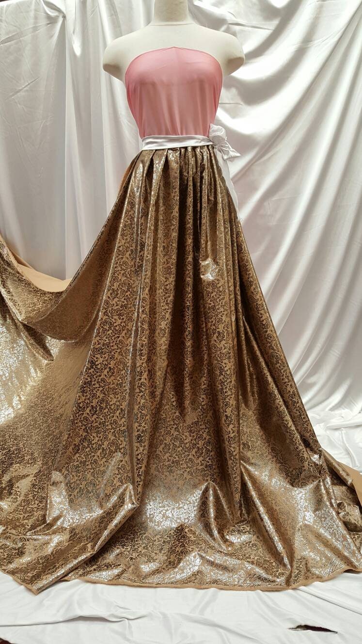 Silk Satin Gold and Beige Brocade Paisley Shining Prom Bridal Fabric Sold by the Yard Gown Quinceañera Dress