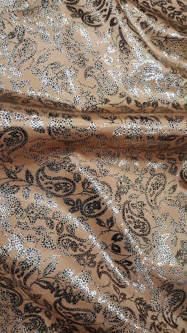 Silk Satin Gold and Beige Brocade Paisley Shining Prom Bridal Fabric Sold by the Yard Gown Quinceañera Dress