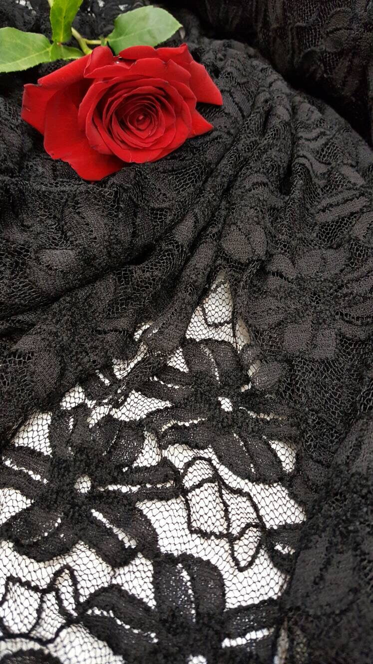 Black Stretch Lace Nylon Floral Flowers Embroidered on 4 Way Stretch Mesh Prom Fabric Sold by the Yard Gown Quinceañera Bridal