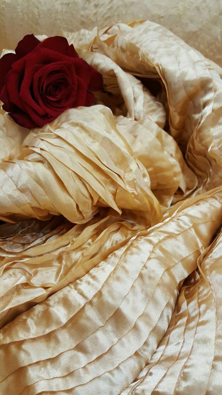 Gold Waves Satin Fabric Sold By The Yard Gown Quinceañera Bridal Decoration Draping Table Cloths Clothing Dancer Ruffles.