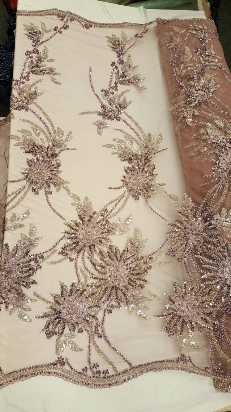 Mauve Hand Beaded Lace Floral Double Scalloped Embroidered Rhinestone Pearls Prom Fabric Sold By The Yard Gown Quinceañera