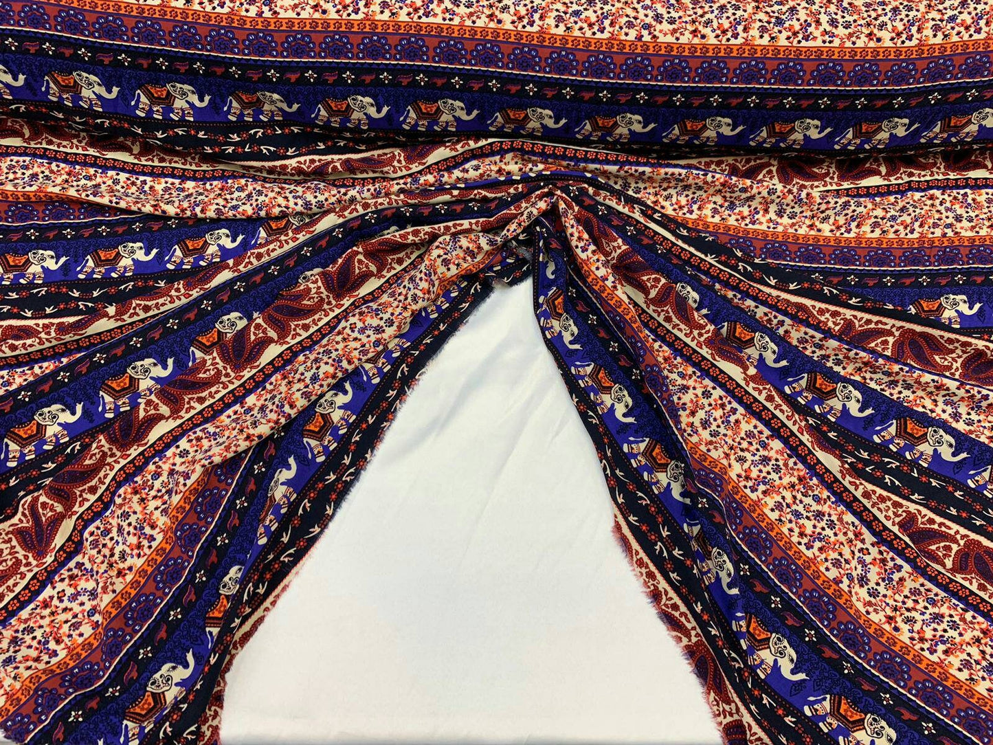 Rayon challis with elephant Indian inspiration royal blue orange multicolor  58-60" W organic fabric sold by the yard soft flowy fabric