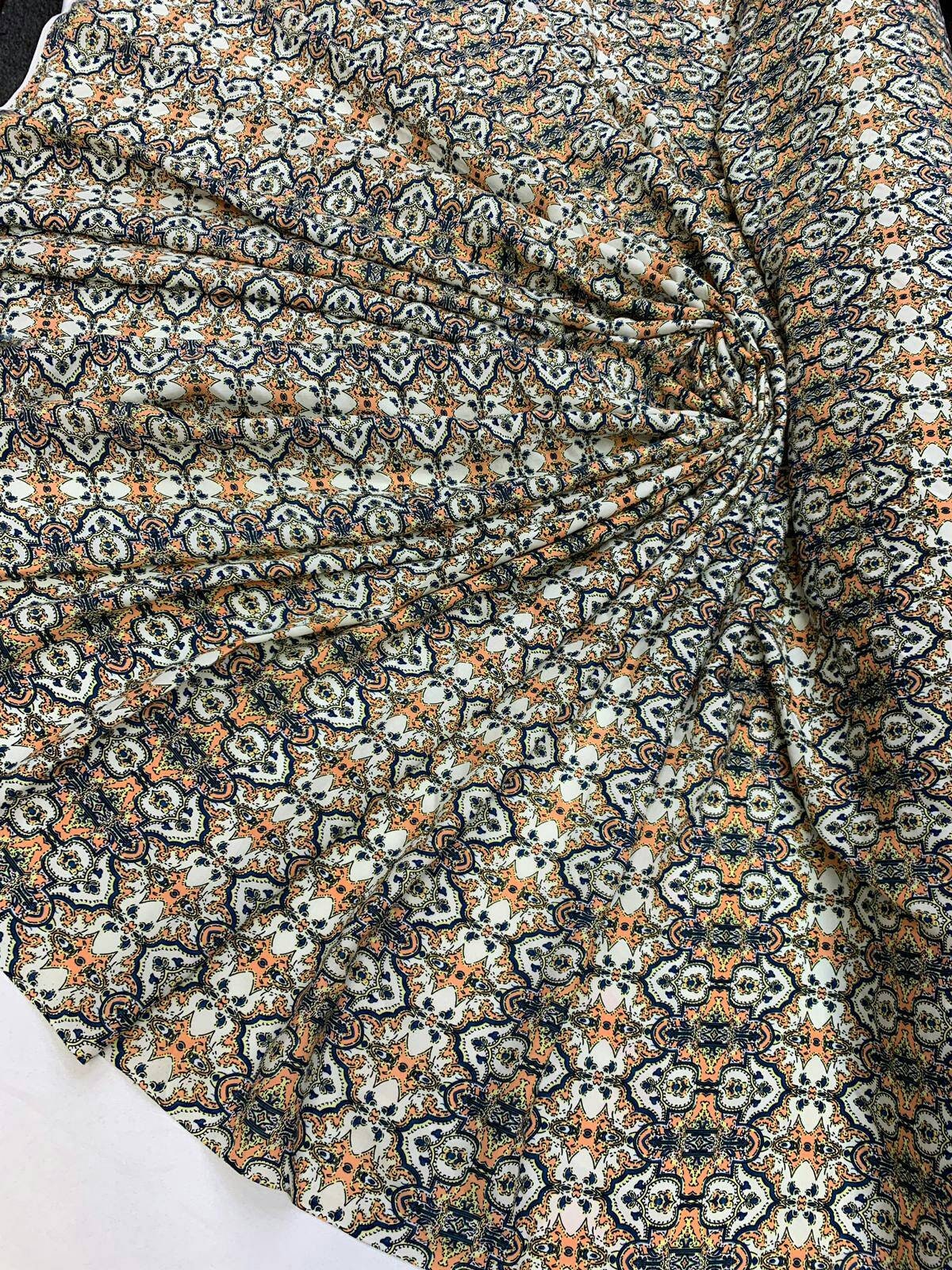 Rayon with White Background &orange and blue paisleys Print Fabric by the yard India inspired soft flowy organic kids dress draping clothing