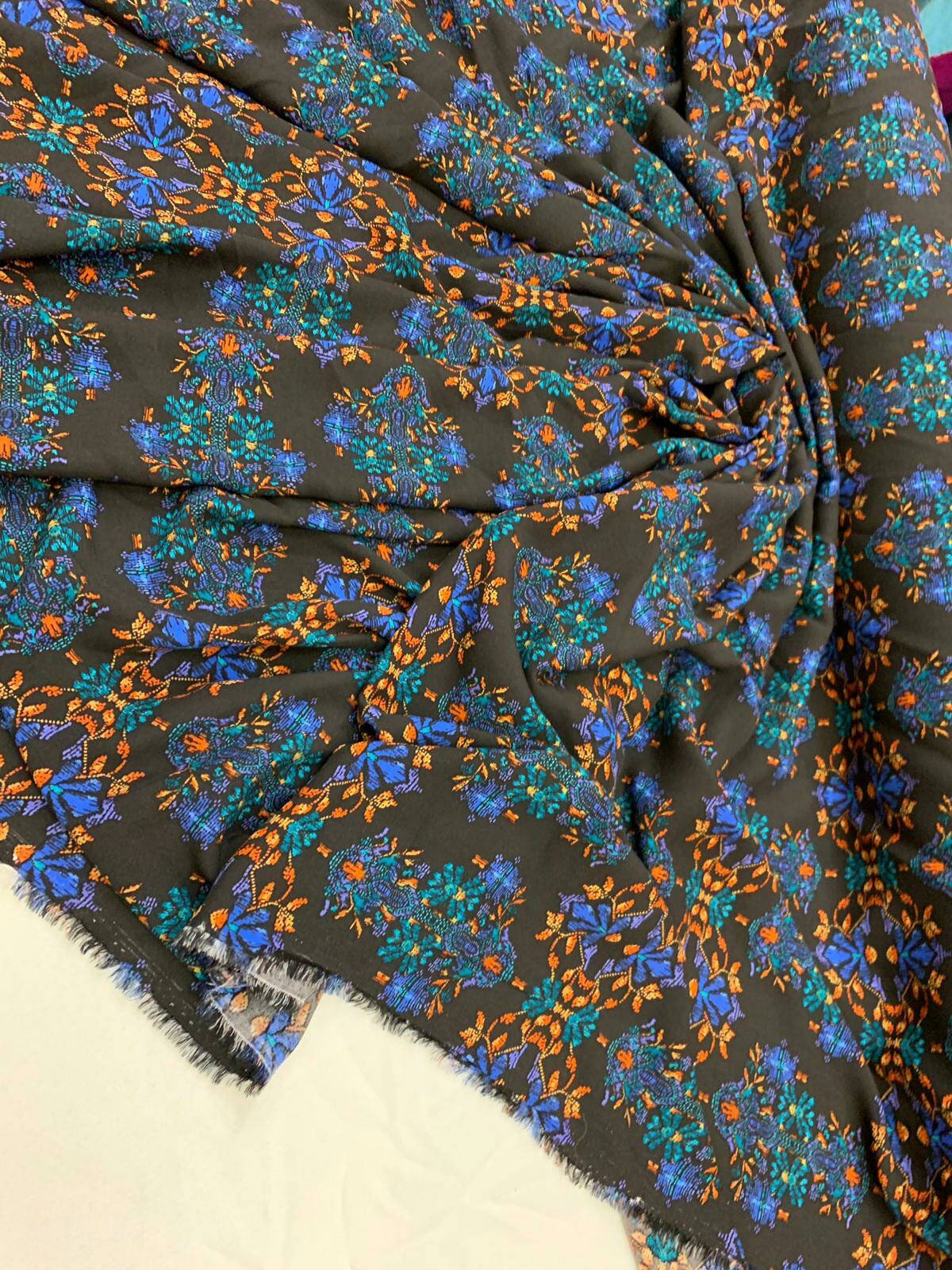 Rayon challis large paisley Boho pattern orange blue and green on black background Fabric by the yard soft flowy organic kids dress draping