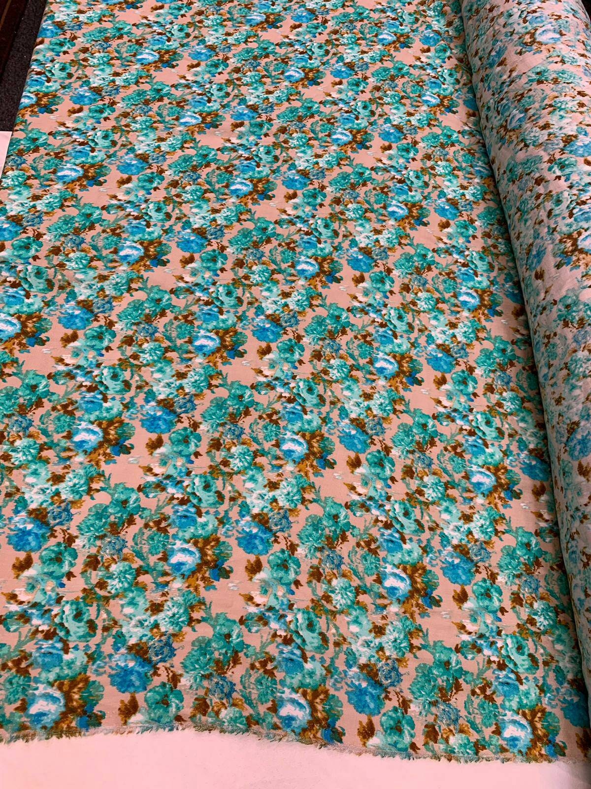 Rayon with Blue/Green Floral Print Fabric sold by the yard soft organic kids fabric flowy ligth weight fabric perfect to make dress