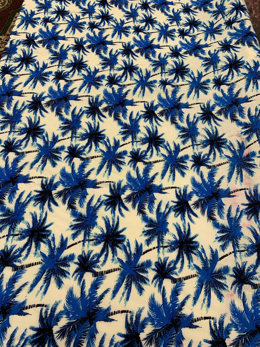 Rayon chally with off white background and blue palmtrees tropical fabric sold by the yard clothing dress decoration organic kids