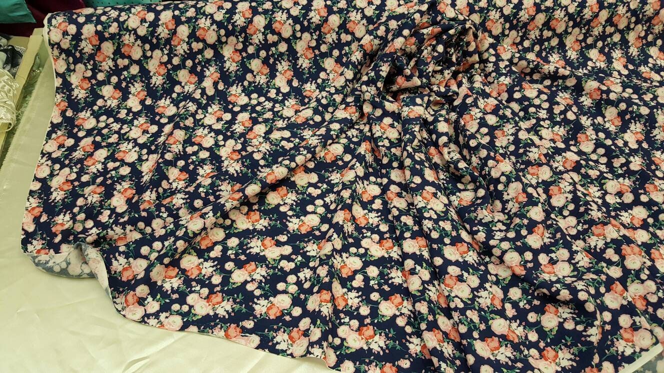 Rayon challis pink small flower print on navy blue background  Fabric by the yard 58 inches wide fabric soft organic fabric kids dress
