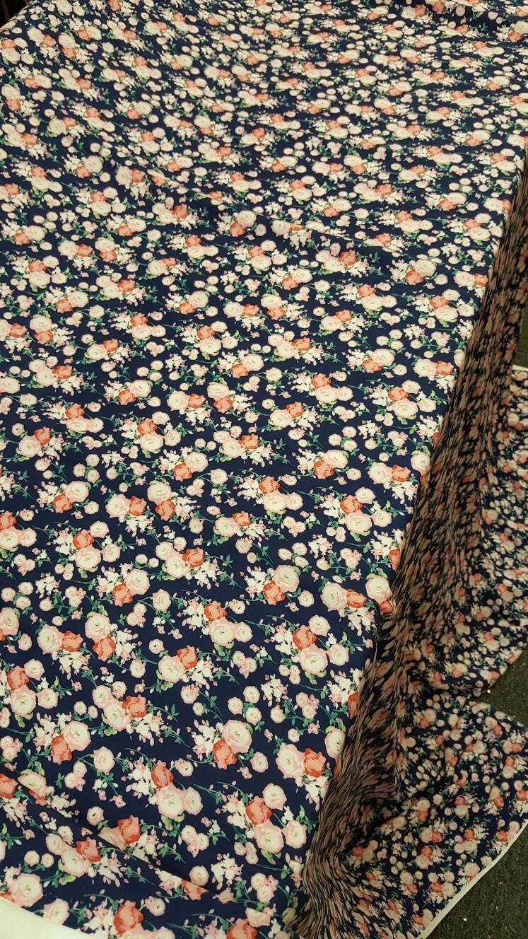 Rayon challis pink small flower print on navy blue background  Fabric by the yard 58 inches wide fabric soft organic fabric kids dress