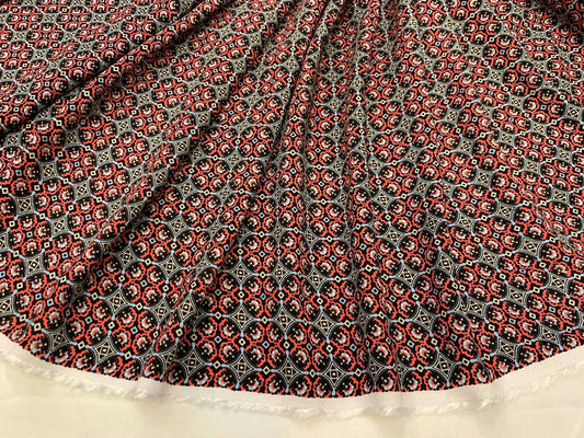 Rayon Challis Asian Inspired Print Fabric by the Yard 58 Inches Wide red black geometric  soft flowy organic kids dress draping clothing