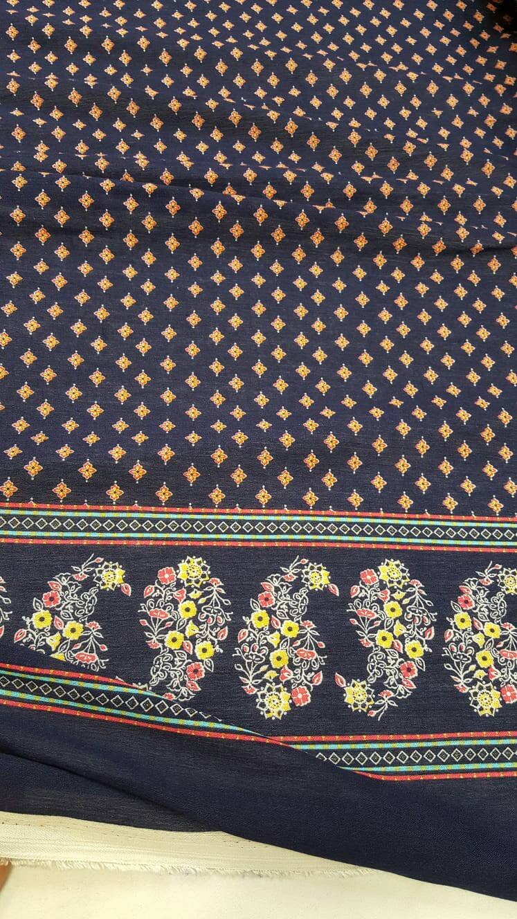 100% Rayon Challis Floral, 70's inspired Print Fabric by the yard double scalloped small yellow floral on navy blue background