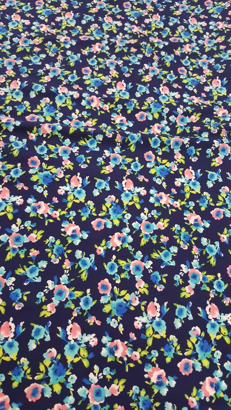 Rayon Challis Navy Blue Background Pink Small Flowers / Floral Print Fabric Sold by the Yard Organic Soft Flowy Kids Dress Draping Clothing