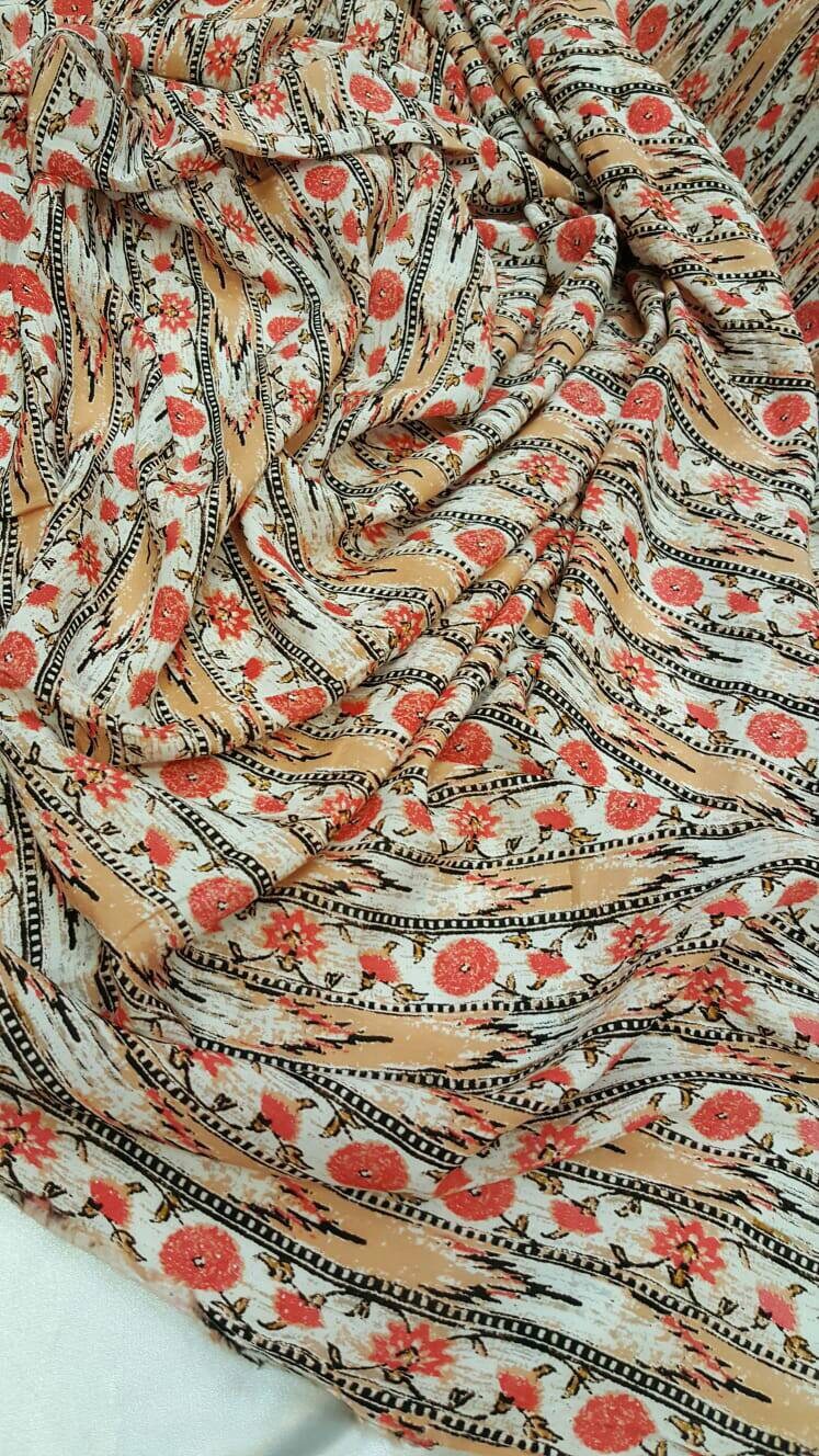 Rayon challis coral peach floral flowers black and off white fabric sold by the yard small flowers draping decoration clothing dress flowy